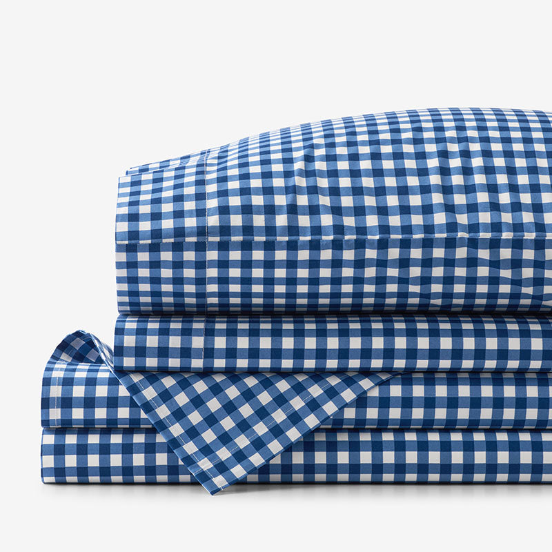 Gingham Classic Cool Organic Cotton Percale Bed Sheet Set - Dark Blue, Twin XL,Dark Blue