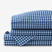 Gingham Classic Cool Organic Cotton Percale Bed Sheet Set - Dark Blue, Twin XL,Dark Blue