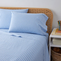 Gingham Classic Cool Organic Cotton Percale Bed Sheet Set - Light Blue, Twin XL,Light Blue