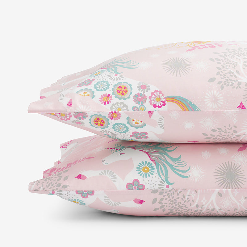 Fancy Unicorns Classic Cool Organic Cotton Percale Pillowcase Set - Pink Multi, Standard,Pink Multi