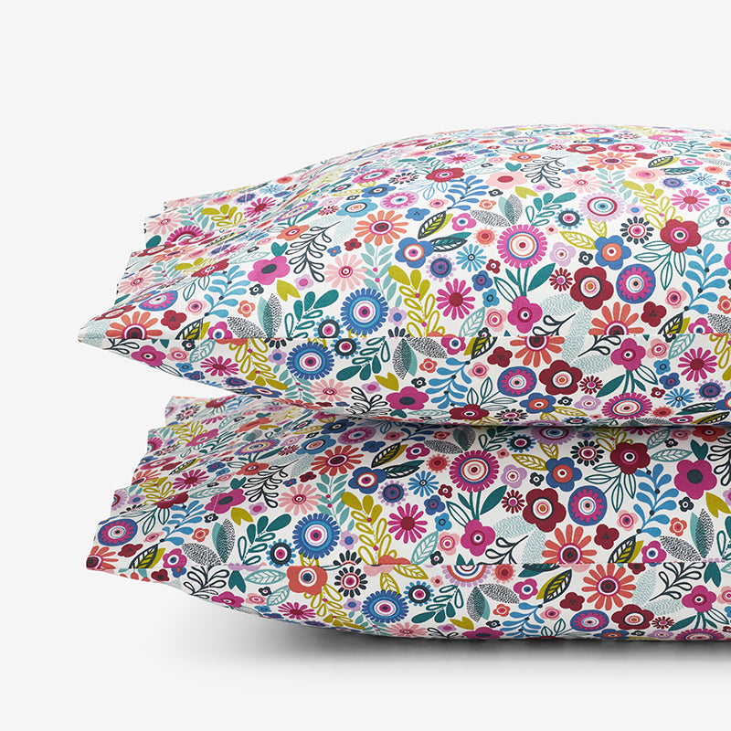 Joyful Mini Flower Classic Cool Organic Cotton Percale Pillowcase Set - White Multi, Standard,White Multi