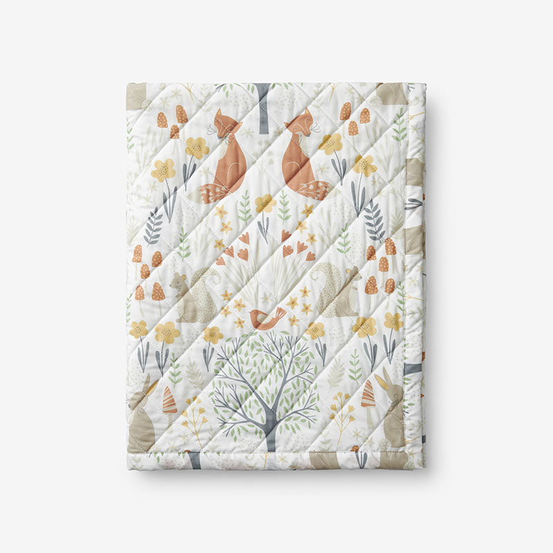 Forest Animals Classic Cool Organic Cotton Percale Quilted Reversible Sherpa Stroller Blanket - Ivory,Ivory Multi