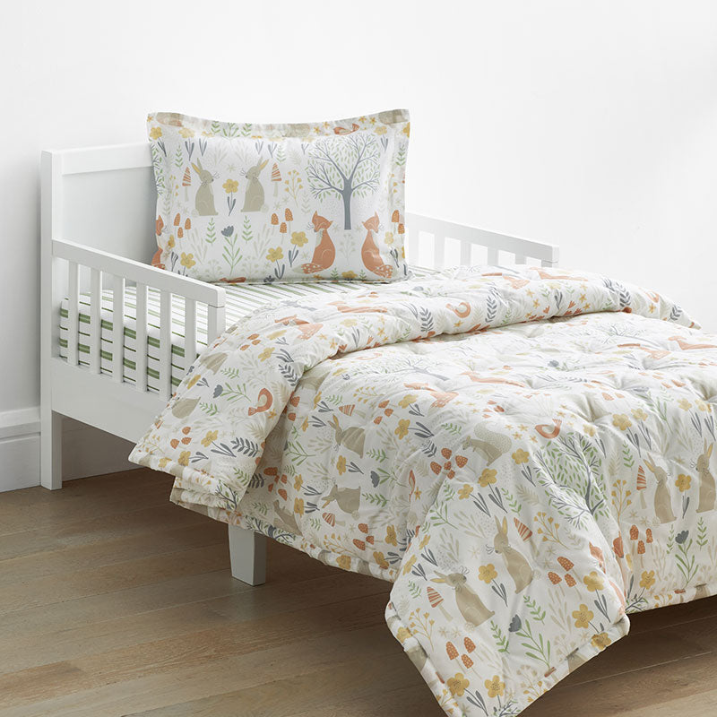 Forest Animals Classic Cool Organic Cotton Percale Toddler Comforter Set - Ivory, Toddler,Ivory Multi
