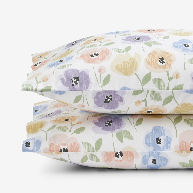 Pastel Poppies Classic Cool Organic Cotton Percale Pillowcase Set - White Multi, Standard,White Multi