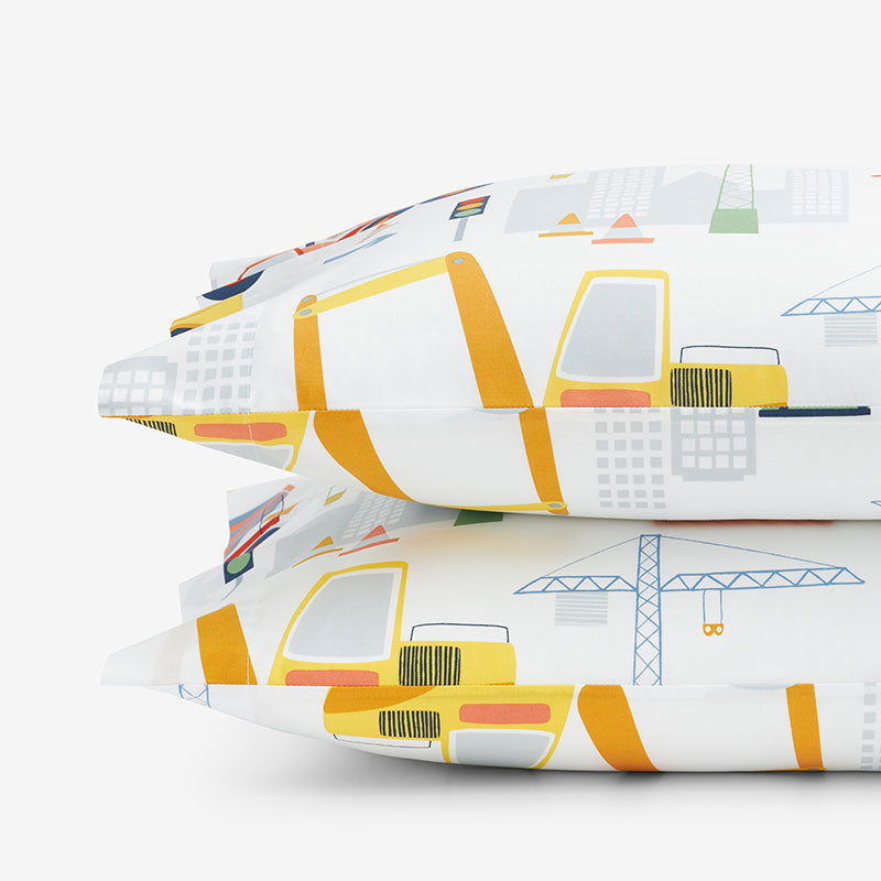 Construction Trucks Classic Cool Organic Cotton Percale Pillowcase Set - White , Standard,White Multi