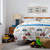 Construction Trucks Classic Cool Organic Cotton Percale Pillowcase Set - White , Standard,White Multi