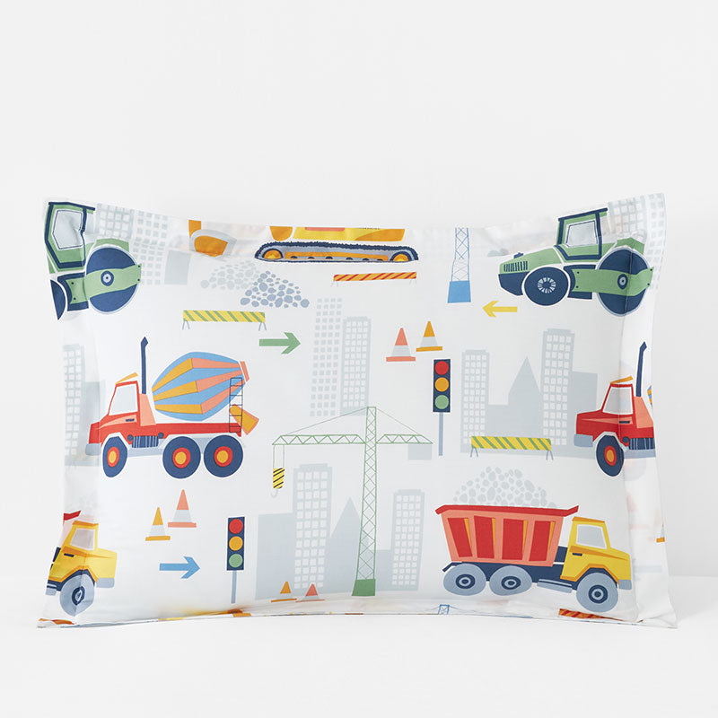 Construction Trucks Classic Cool Organic Cotton Percale Sham - White , Standard,White Multi