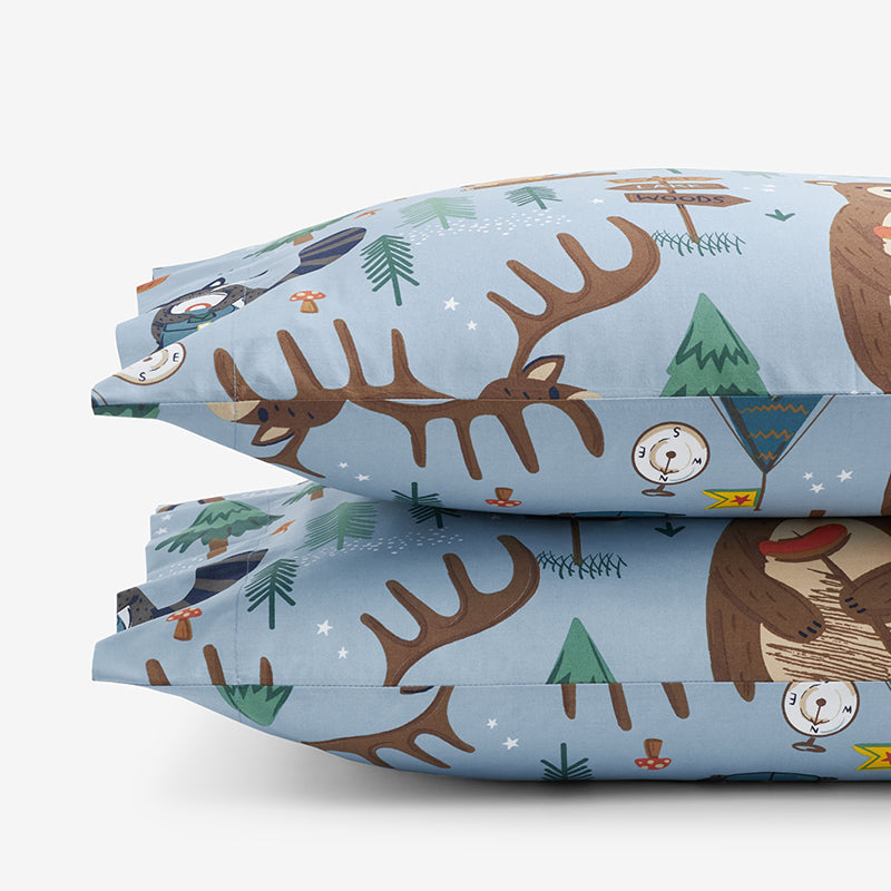 Animal Campers Classic Cool Organic Cotton Percale Pillowcase Set - Blue Multi, Standard,Blue Multi