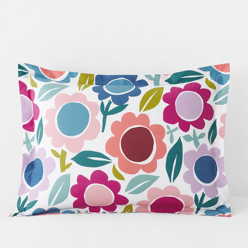 Joyful Flower Classic Cool Organic Cotton Percale Sham - White Multi, Standard,White Multi