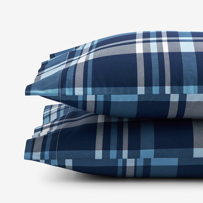 Handsome Tartan Classic Cool Organic Cotton Percale Pillowcase Set - Blue Multi, Standard,Blue Multi