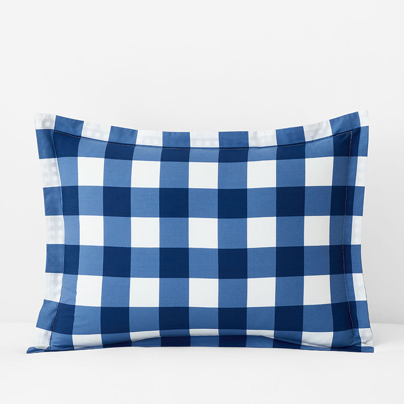 Big Check Classic Cool Organic Cotton Percale Reversible Sham - Dark Blue, Standard,Dark Blue