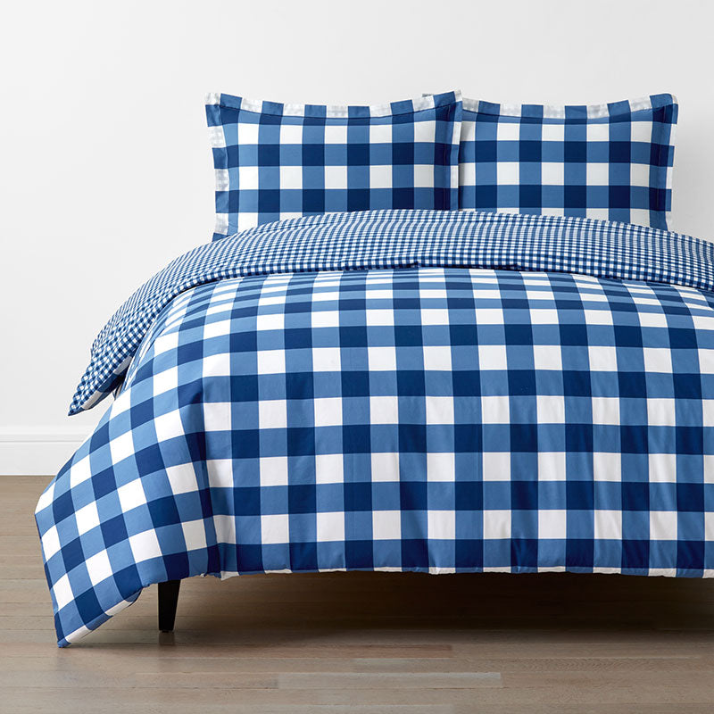 Big Check Classic Cool Organic Cotton Percale Reversible Duvet Cover Set - Dark Blue, Twin/Twin XL,Dark Blue