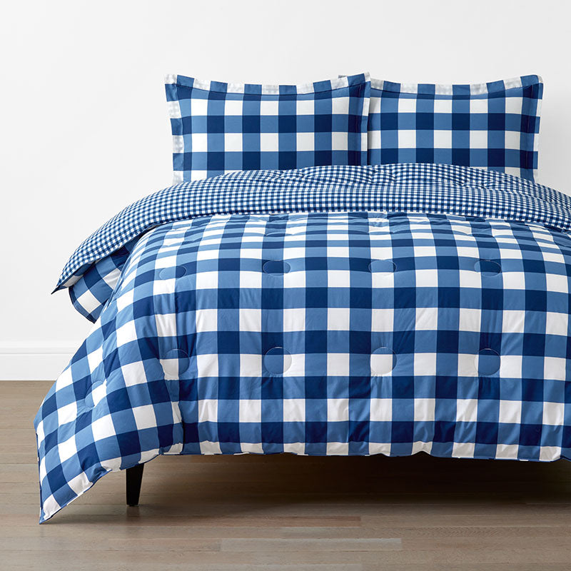 Big Check Classic Cool Organic Cotton Percale Reversible Comforter Set - Dark Blue, Twin/Twin XL,Dark Blue