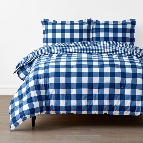 Big Check Classic Cool Organic Cotton Percale Reversible Comforter Set - Dark Blue, Twin/Twin XL,Dark Blue