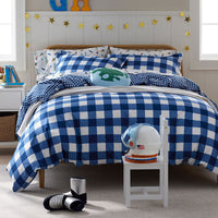 Big Check Classic Cool Organic Cotton Percale Reversible Comforter Set - Dark Blue, Twin/Twin XL,Dark Blue
