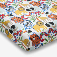 Into the Jungle Classic Cool Organic Cotton Percale Crib Sheet - White Multi, Crib,White Multi