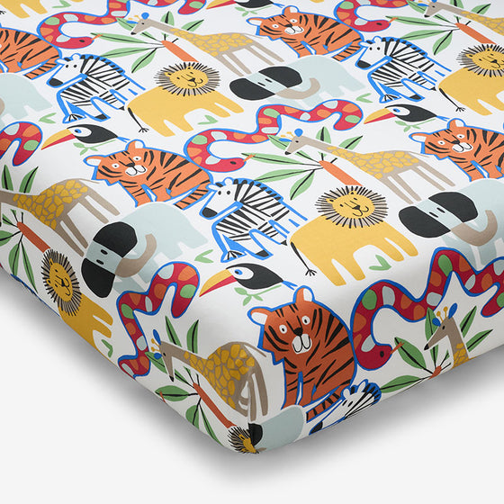Into the Jungle Classic Cool Organic Cotton Percale Crib Sheet - White Multi, Crib,White Multi