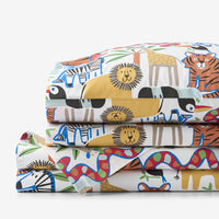 Into the Jungle Classic Cool Organic Cotton Percale Bed Sheet Set - White Multi, Twin XL,White Multi