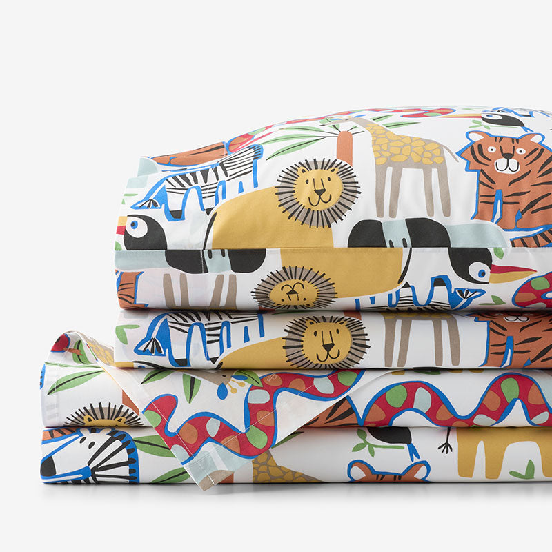 Into the Jungle Classic Cool Organic Cotton Percale Bed Sheet Set - White Multi, Twin XL,White Multi