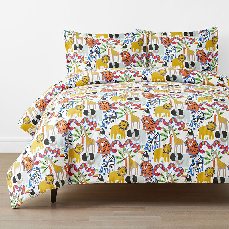 Into the Jungle Classic Cool Organic Cotton Percale Duvet Cover Set - White Multi, Twin/Twin XL,White Multi