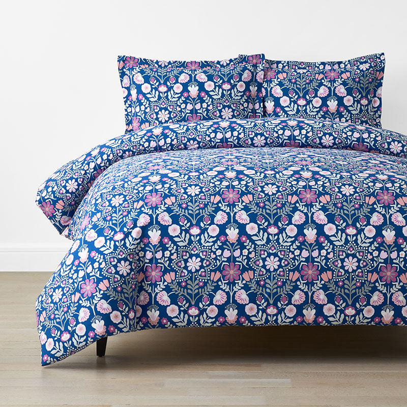 Folk Garden Classic Cool Organic Cotton Percale Duvet Cover Set - Navy, Twin/Twin XL,Navy