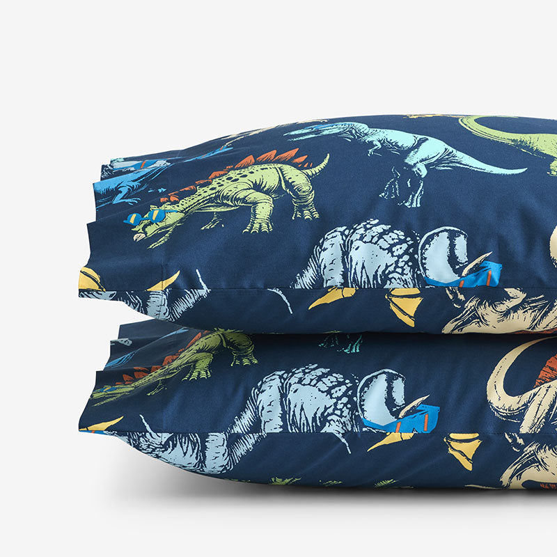 Dino Stomp Classic Cool Organic Cotton Percale Pillowcase Set - Navy, Standard,Navy