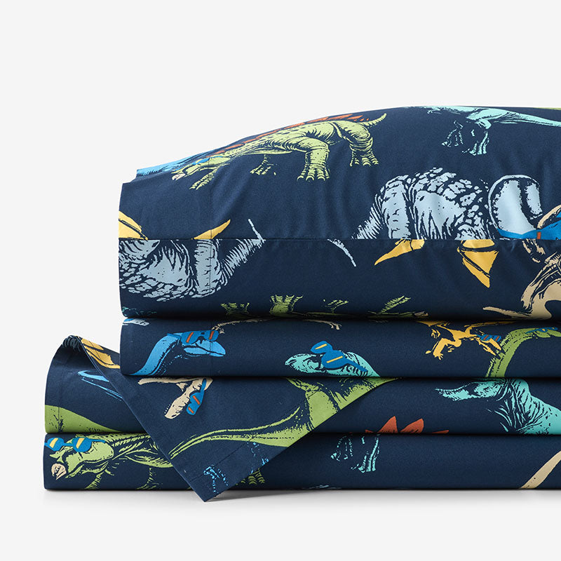 Dino Stomp Classic Cool Organic Cotton Percale Bed Sheet Set - Navy, Twin XL,Navy