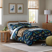 Dino Stomp Classic Cool Organic Cotton Percale Bed Sheet Set - Navy, Twin XL,Navy