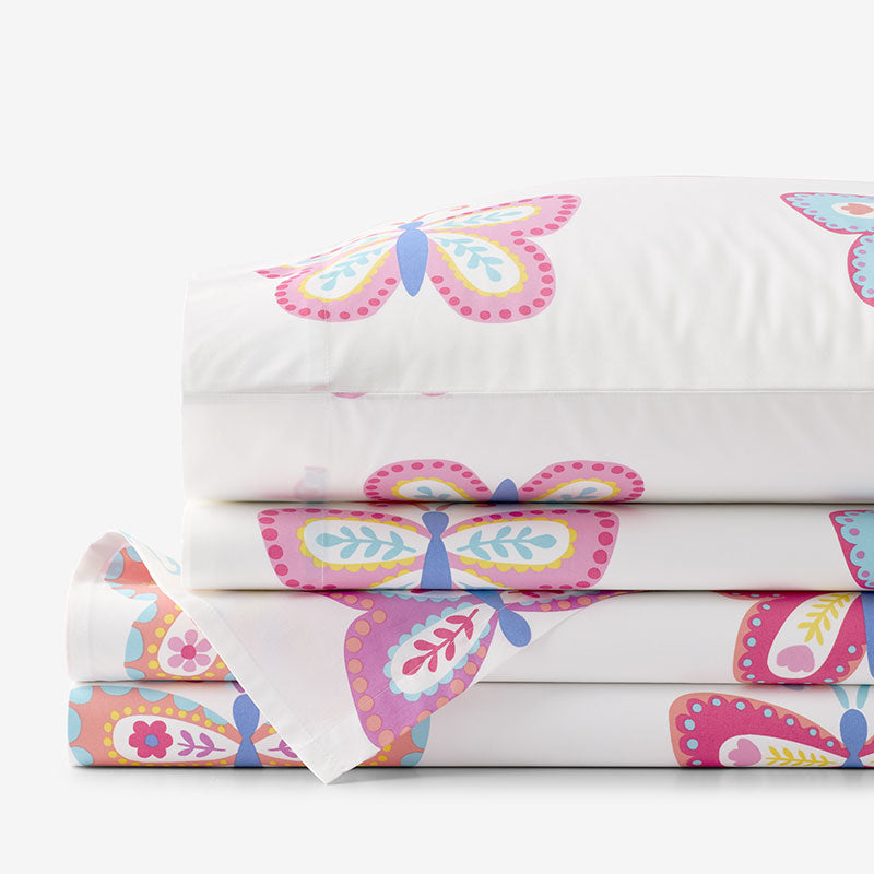 Colorful Butterflies Classic Cool Organic Cotton Percale Bed Sheet Set - Multi, Twin XL,Multi