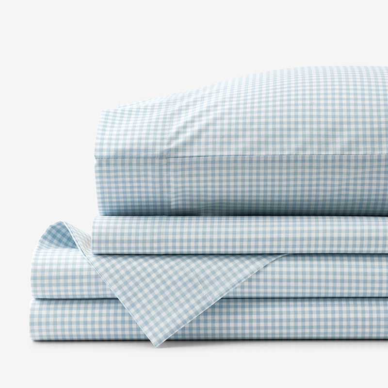Ditsy Gingham Classic Cool Organic Cotton Percale Bed Sheet Set - Blue, Twin XL,Ditsy Gingham Blue