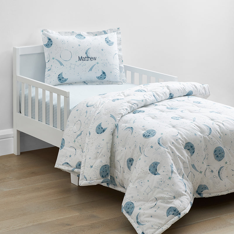 Night Sky Classic Cool Organic Cotton Percale Toddler Comforter Set - Blue,Night Sky White