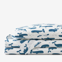 Whale School Classic Cool Organic Cotton Percale Toddler Bed Sheet Set - Blue,Whale School White