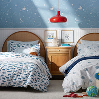 Whale School Classic Cool Organic Cotton Percale Toddler Bed Sheet Set - Blue,Whale School White