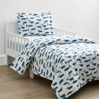 Whale School Classic Cool Organic Cotton Percale Toddler Bed Sheet Set - Blue,Whale School White