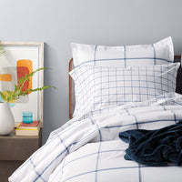 Tailored Stripes and Plaids Classic Cool Cotton Percale Flat Bed Sheet - Block Plaid Navy, Twin/Twin XL,Block Plaid Navy