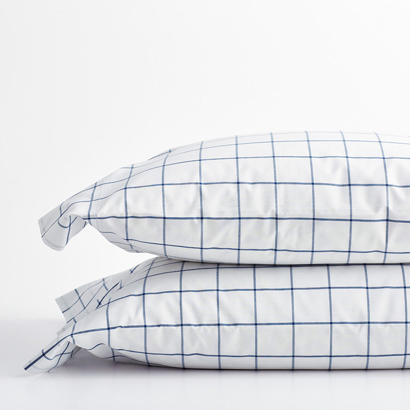 Tailored Stripes and Plaids Classic Cool Cotton Percale Pillowcase Set - Block Plaid Navy, Standard,Block Plaid Navy