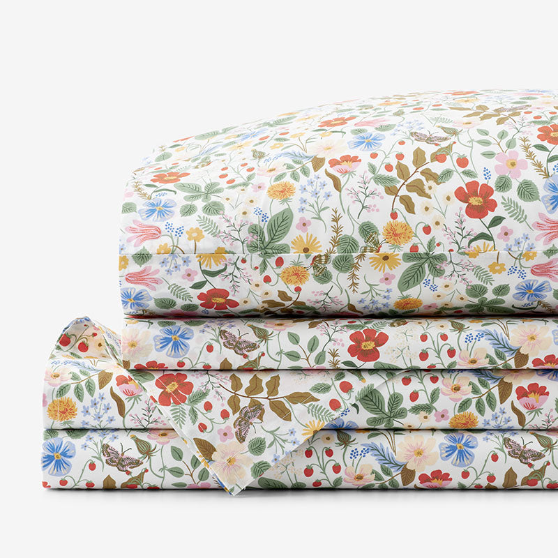 Strawberry Fields Classic Cool Cotton Percale Bed Sheet Set - White Multi, Twin,White Multi