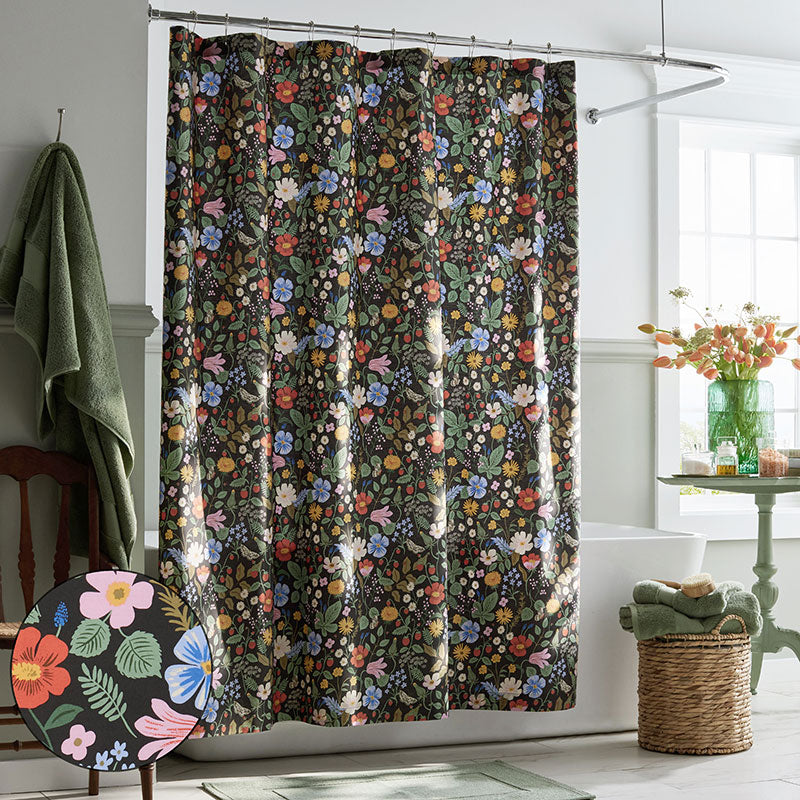 Strawberry Fields Classic Cool Cotton Percale Shower Curtain - Black Multi,Black Multi