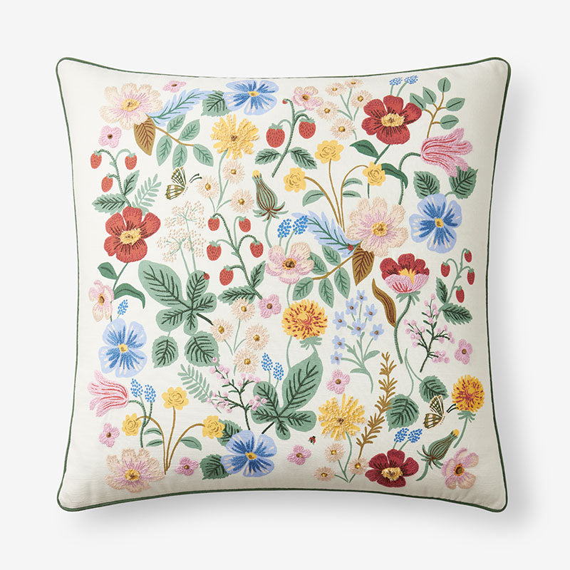 Strawberry Fields Embroidered Decorative Square Pillow Cover - Cream Multi,Cream Multi