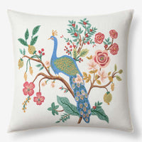 Peacock Embroidered Decorative Square Pillow Cover - Ivory,Ivory
