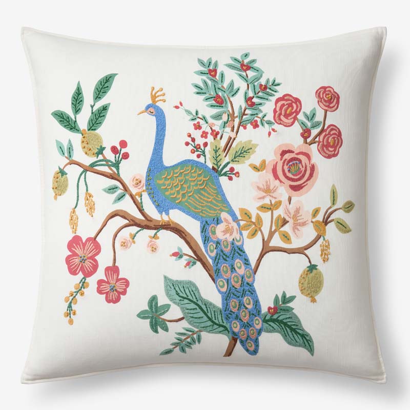 Peacock Embroidered Decorative Square Pillow Cover - Ivory,Ivory