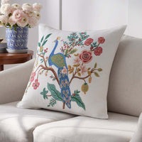 Peacock Embroidered Decorative Square Pillow Cover - Ivory,Ivory