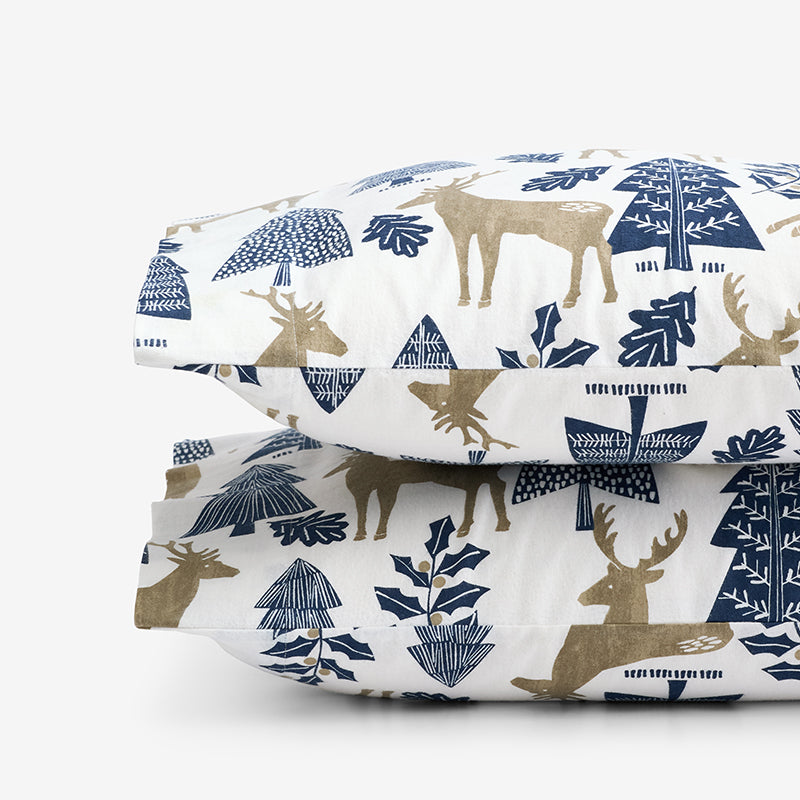 Holiday Print Classic Ultra-Cozy Cotton Flannel Pillowcase Set - Deer Path, Standard,Deer Path