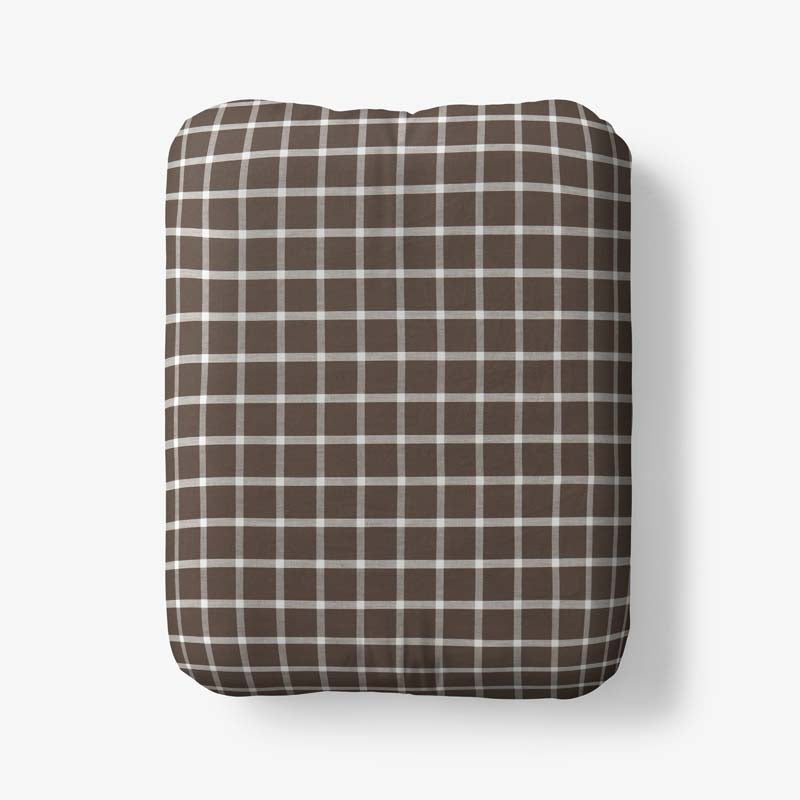 Classic Stripes and Plaids Cool Yarn-Dyed Cotton Percale Fitted Bed Sheet - Windowpane Brown, Twin XL,Windowpane Brown