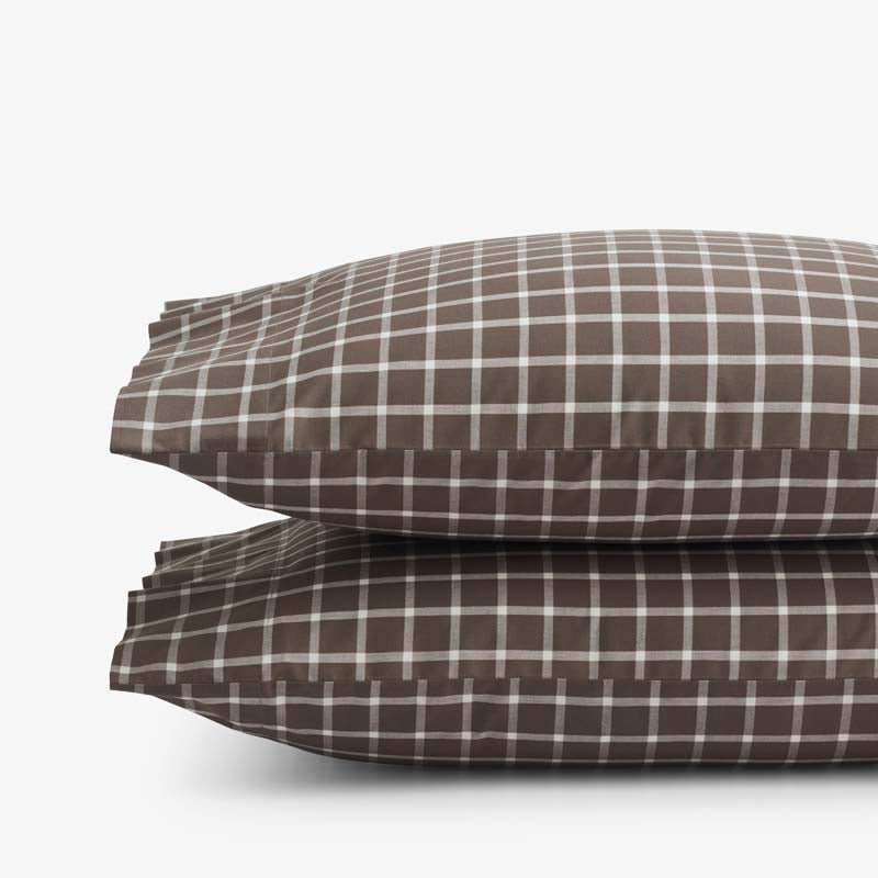 Classic Stripes and Plaids Cool Yarn-Dyed Cotton Percale Pillowcase Set - Windowpane Brown, Standard,Windowpane Brown