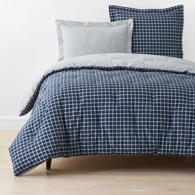 Classic Stripes and Plaids Cool Yarn-Dyed Cotton Percale Reversible Comforter - Windowpane Blue, Twin/Twin XL,Windowpane Blue