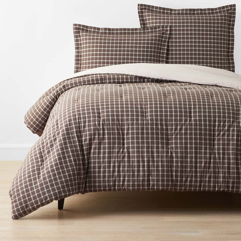 Classic Stripes and Plaids Cool Yarn-Dyed Cotton Percale Reversible Comforter - Windowpane Brown, Twin/Twin XL,Windowpane Brown