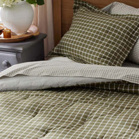 Classic Stripes and Plaids Cool Yarn-Dyed Cotton Percale Reversible Comforter - Windowpane Green, Full/Queen,Windowpane Green