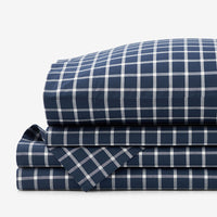 Classic Stripes and Plaids Cool Yarn-Dyed Cotton Percale Bed Sheet Set - Windowpane Blue, Twin XL,Windowpane Blue