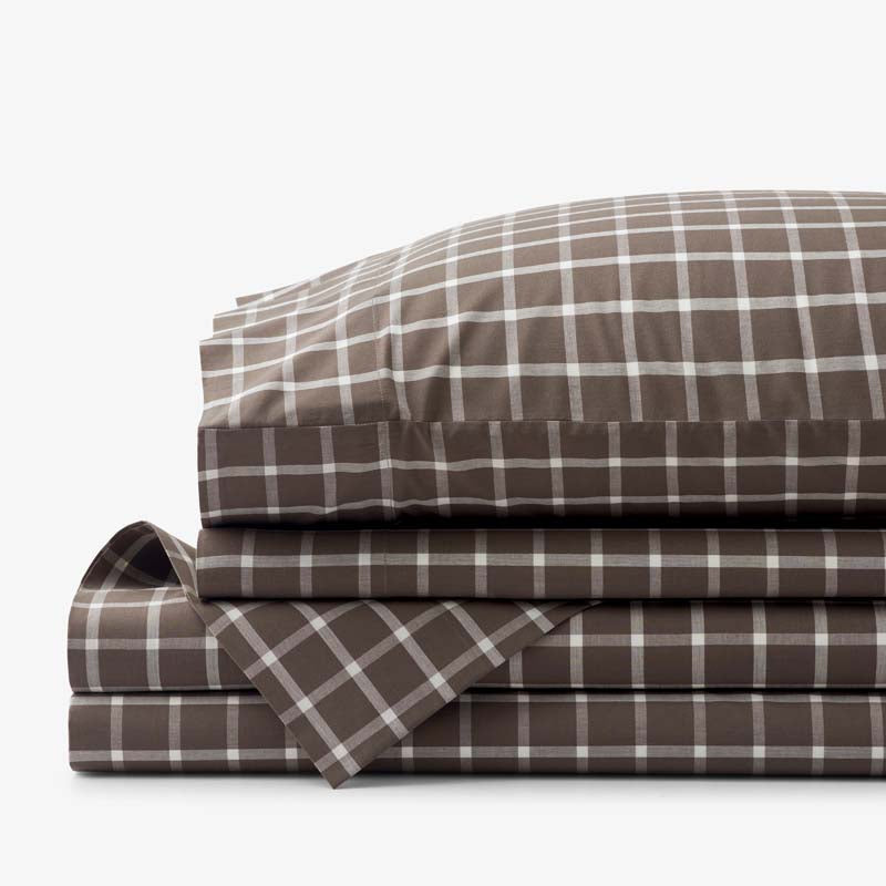 Classic Stripes and Plaids Cool Yarn-Dyed Cotton Percale Bed Sheet Set - Windowpane Brown, Twin XL,Windowpane Brown